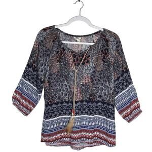 Tantrums Peasant Top Feather Beaded Blouse Ties 3/4 Sleeve Boho Hippie Shirt